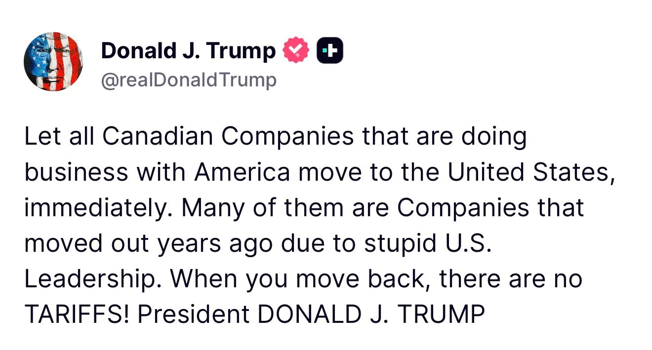 Donald Trump's post on Truth Social highlighting the benefits of relocating to the United States