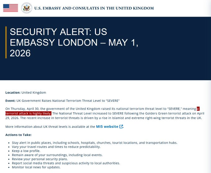 La embajada estadounidense en Londres recomendó evitar rutinas prescindibles y revisar planes personales de seguridad