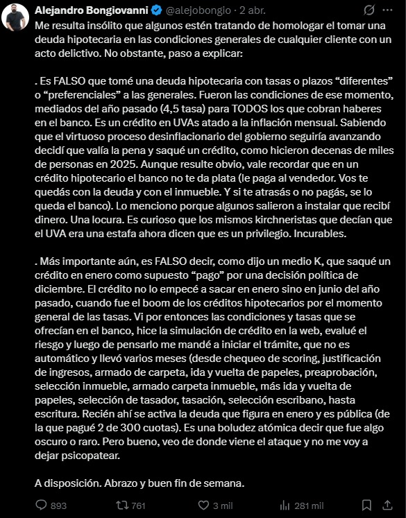 Bongiovanni hizo su descargo en X.
