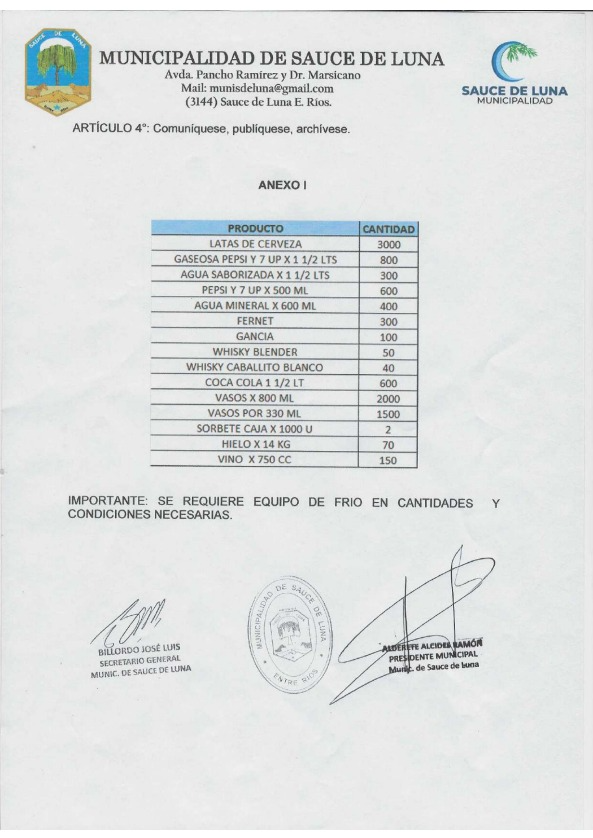 La licitación realizada por la municipalidad: 2000 latas de cerveza, 300 fernets, 100 gancias, 50 whiskys Blender y 40 whiskys White Horse.