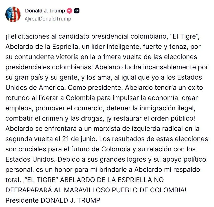 The statement issued by Donald Trump on his social media.