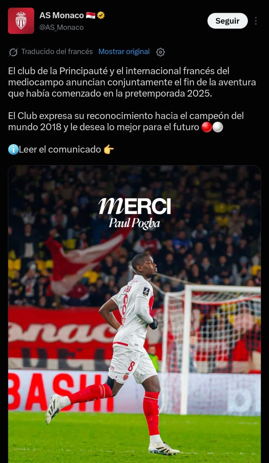 The statement from Monaco on social media