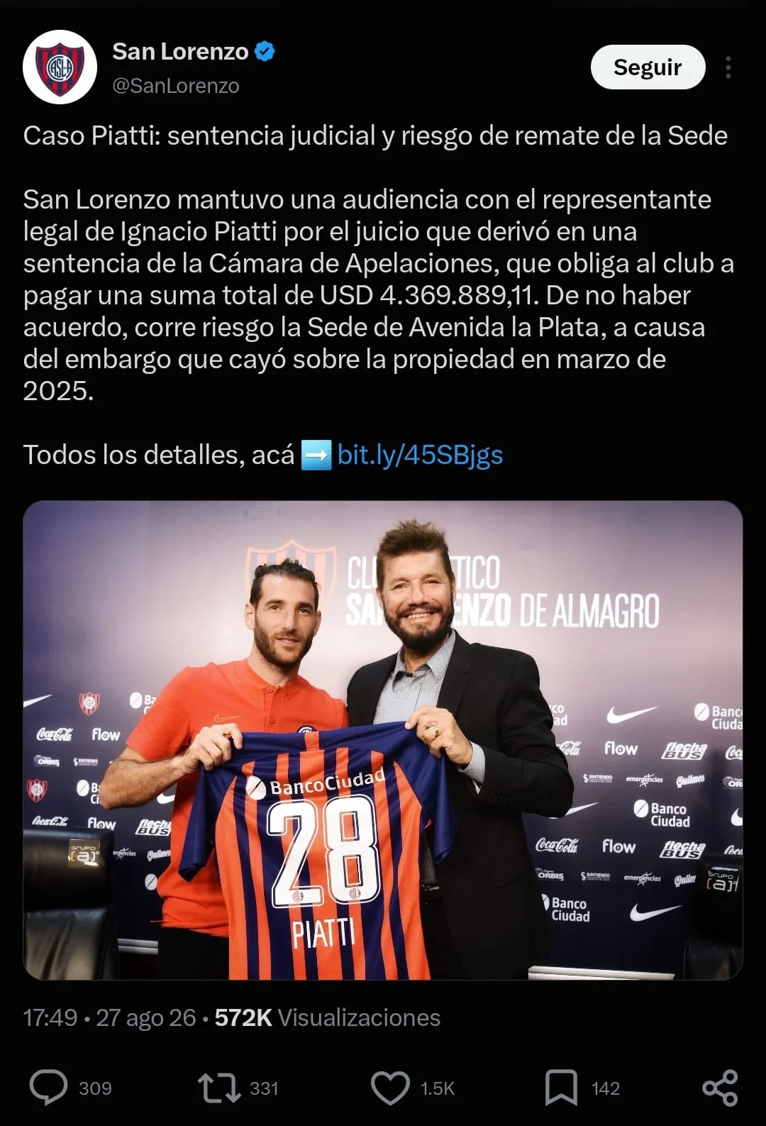 El comunicado de San Lorenzo en redes sociales