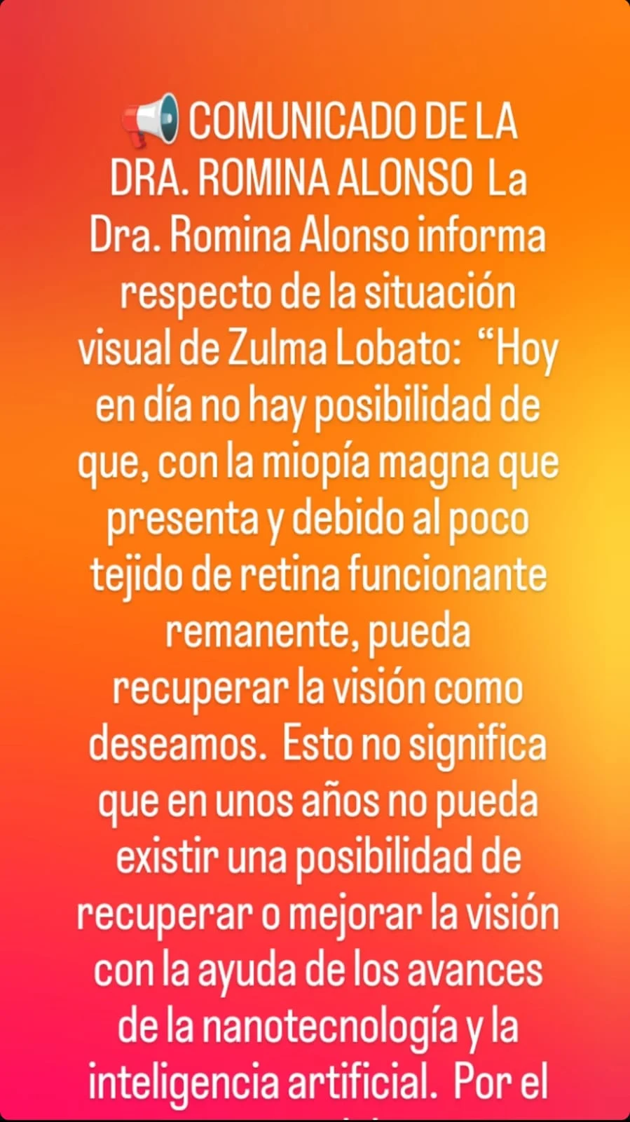 El comunicado compartido por la oftalmóloga