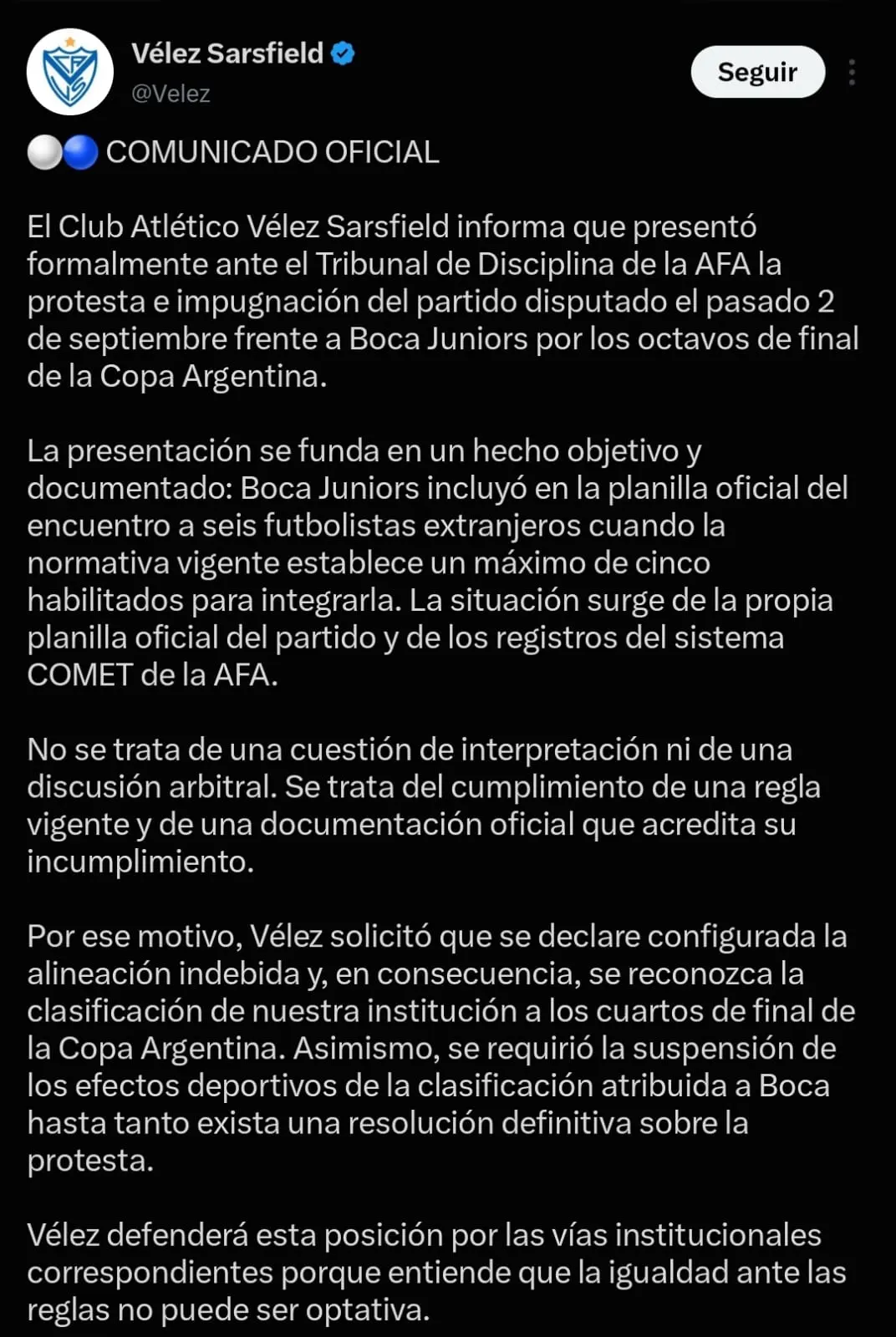 Vélez's statement on his social media