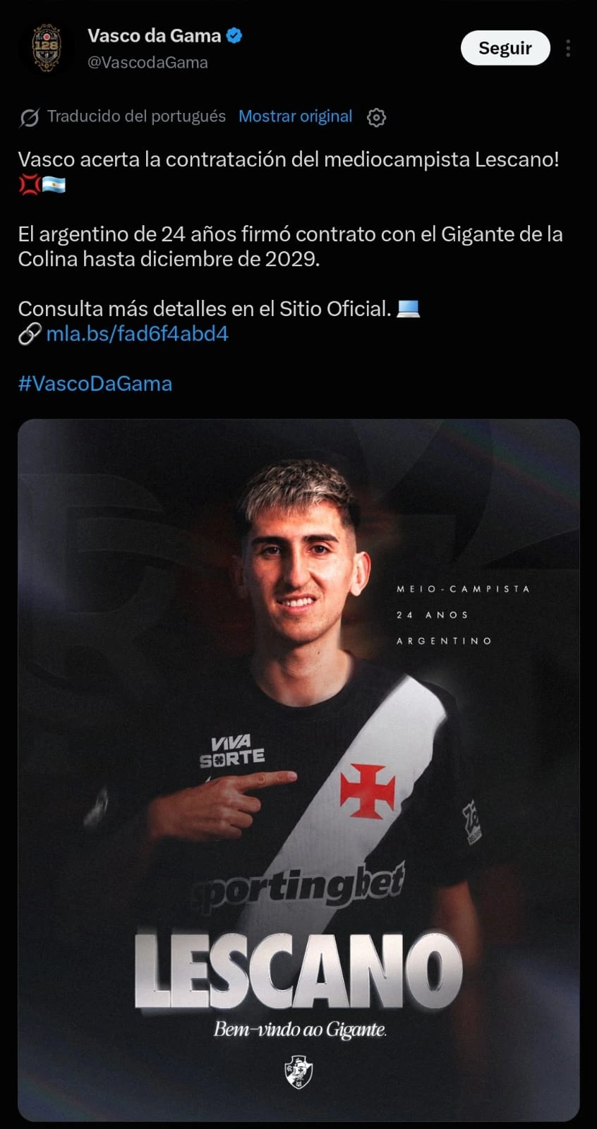 Presentación de Alan Lescano en las redes sociales del Vasco da Gama