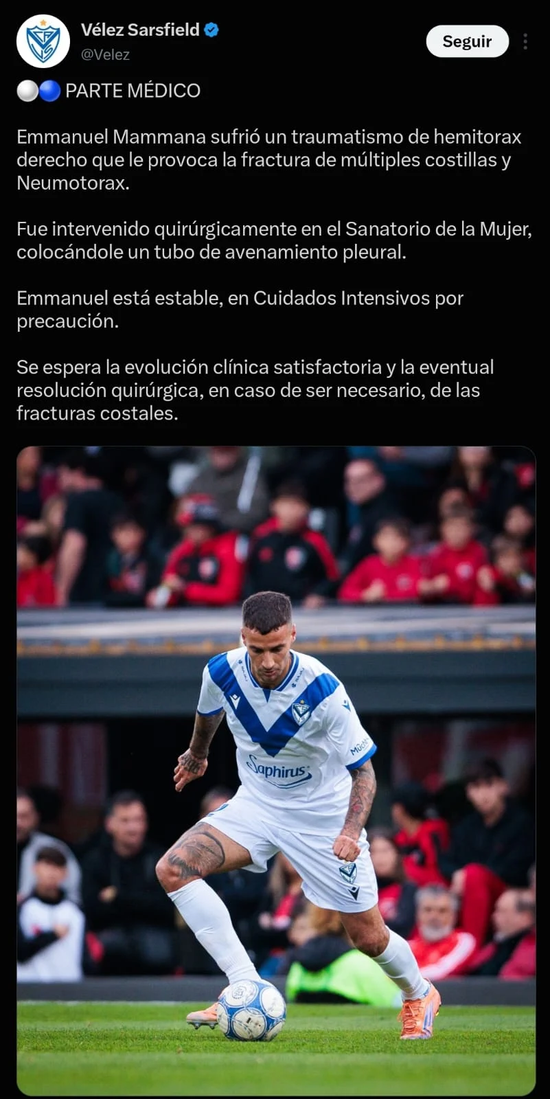 Vélez comunicó el estado de salud de Mammana