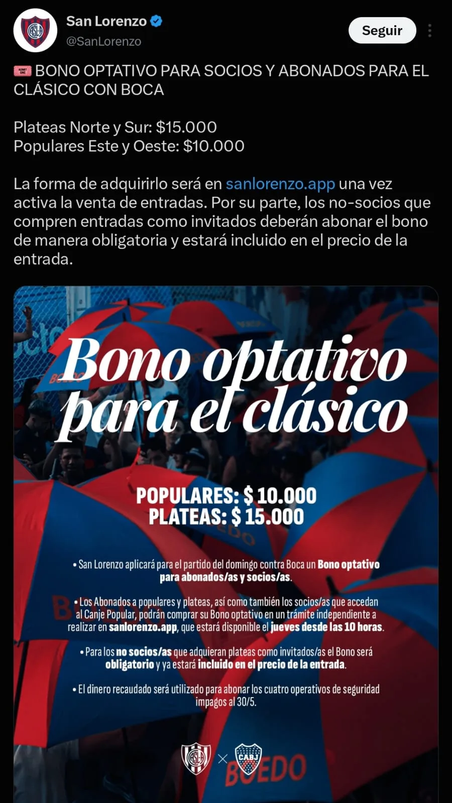 Comunicado de San Lorenzo en redes sociales