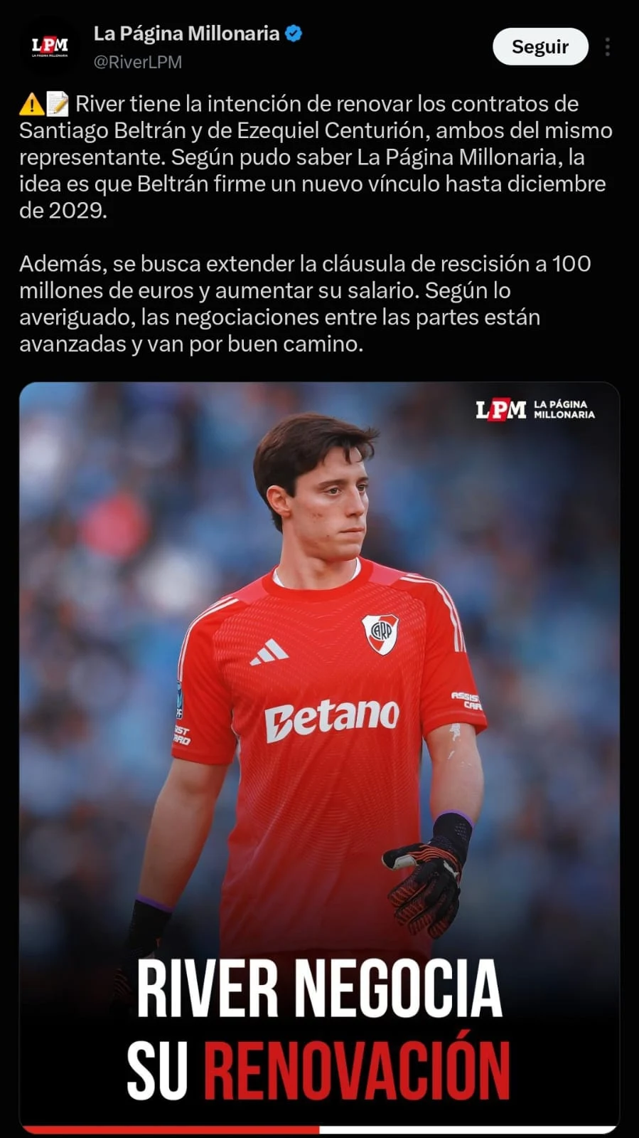 River encamina la renovación de Santiago Beltrán