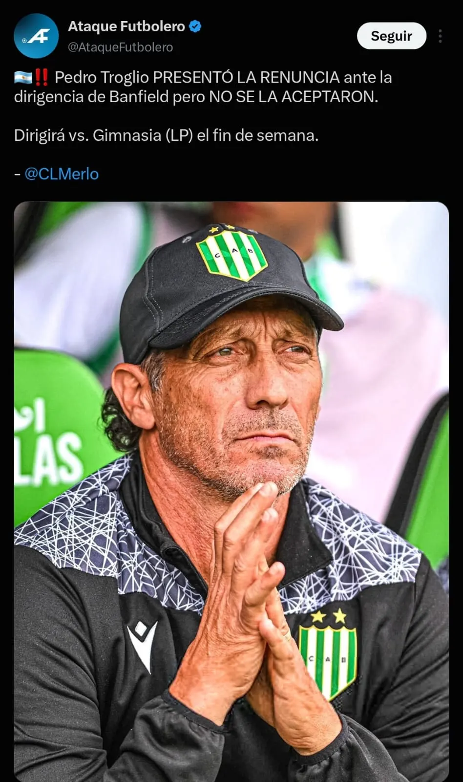 Tensión en Banfield ante la renuncia presentada por Troglio