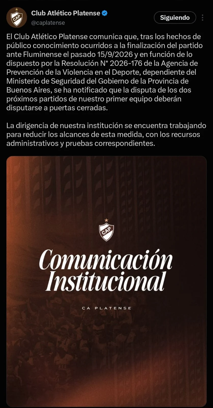 El comunicado de Platense en sus redes sociales