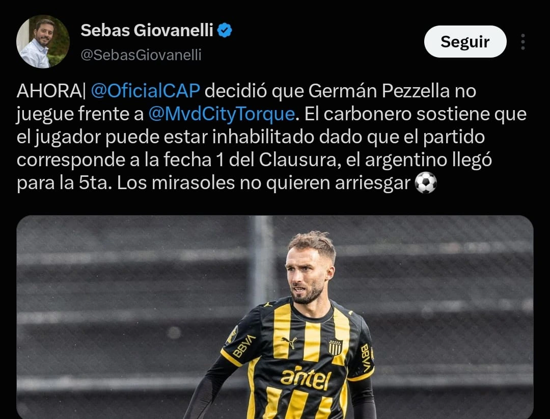 Peñarol no quiere arriesgarse con la convocatoria de Germán Pezzella