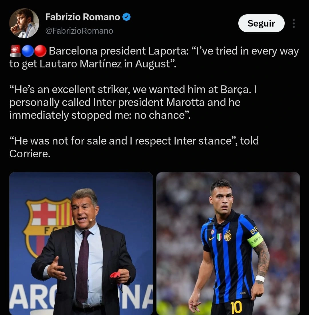 Fabrizio Romano confirmó el contacto de Laporta para comprar a Lautaro Martínez