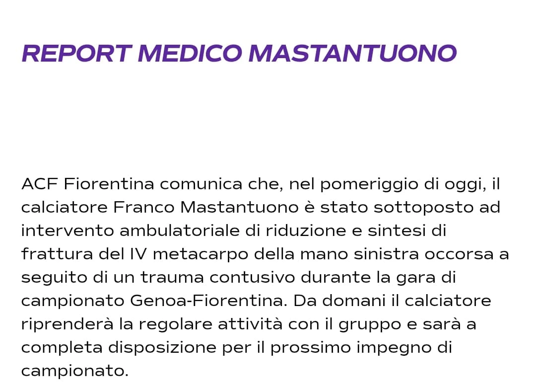 Reporte médico de la operación de Mastantuono