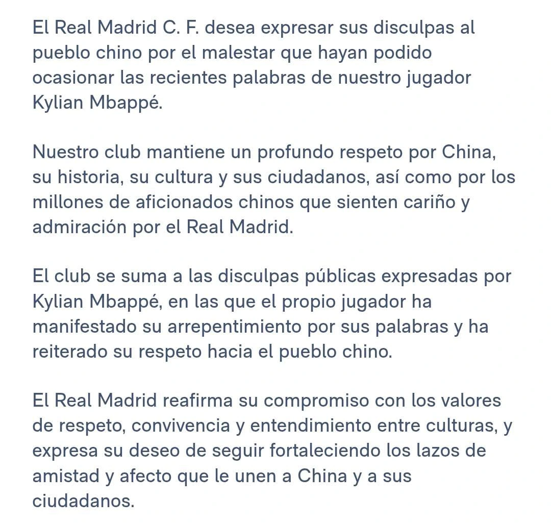 Comunicado oficial del Real Madrid sobre las disculpas para China