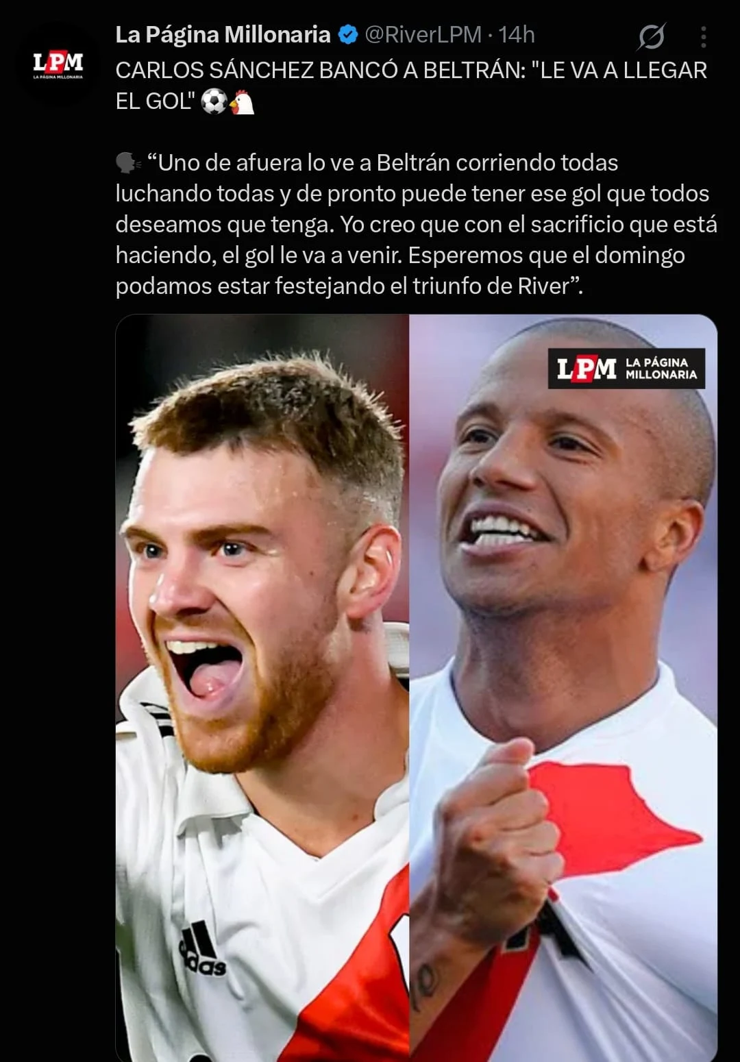 La banca de Carlos Sánchez para Lucas Beltrán de cara al clásico