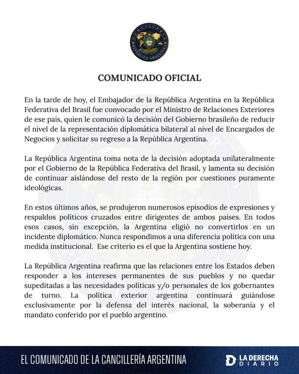 El comunicado emitido por la cancillería argentina.