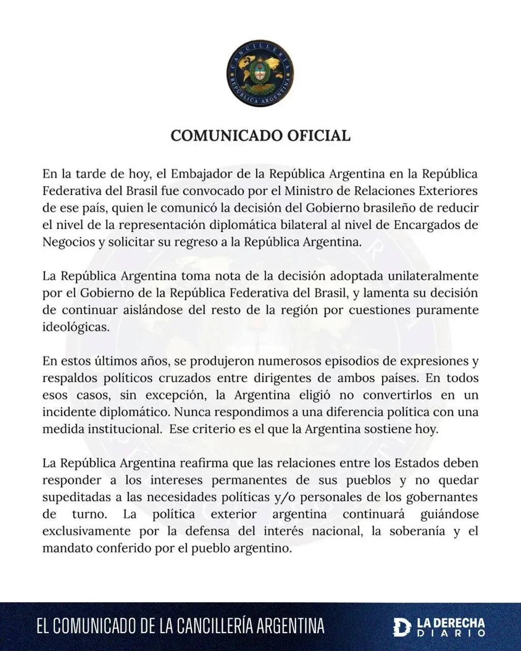 La posición de la Cancillería argentina.
