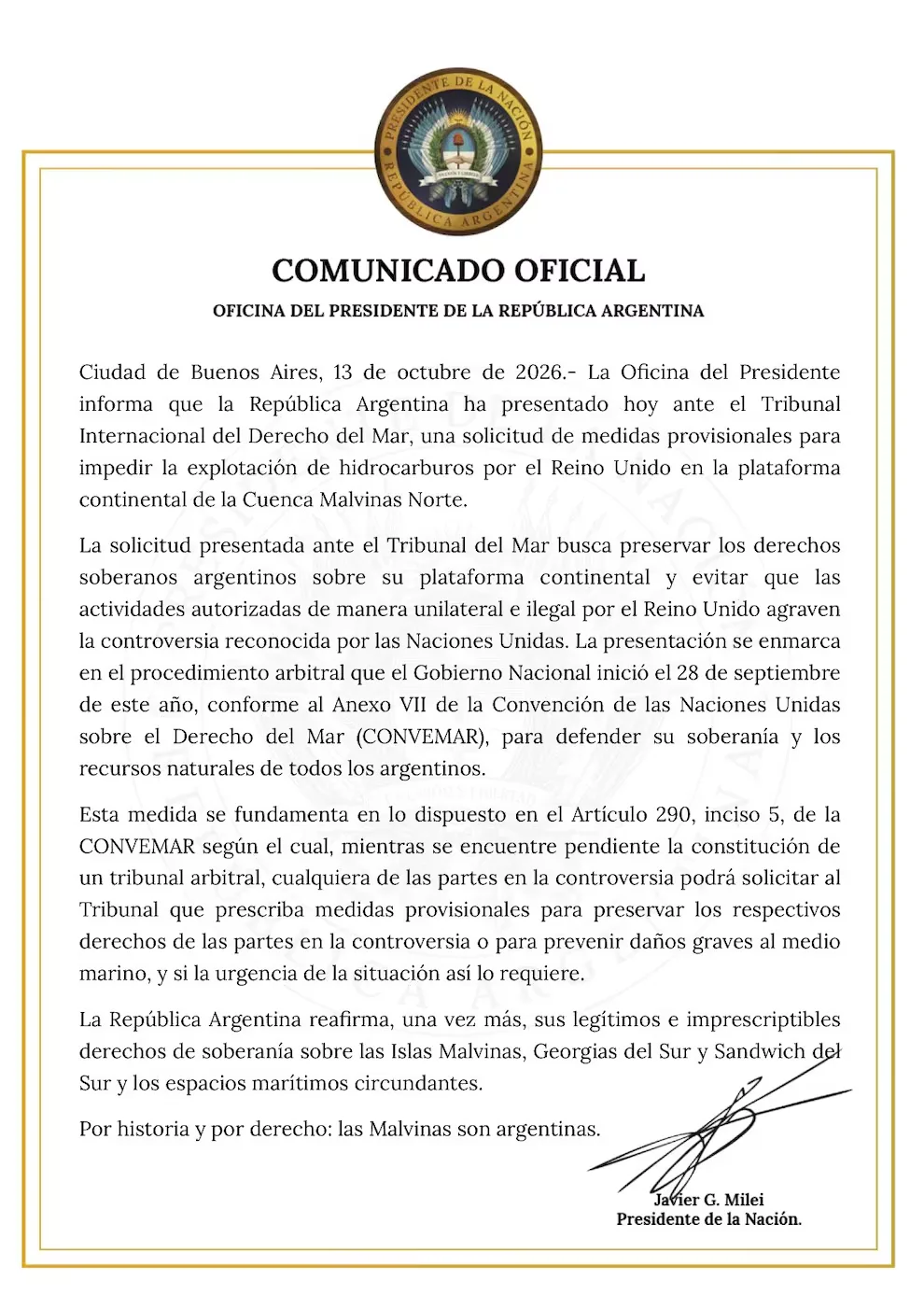 Comunicado oficial del presidente