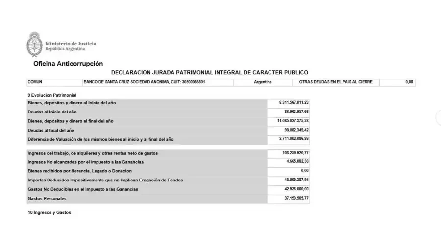 Fragmento de la declaración jurada de Máximo Kirchner.