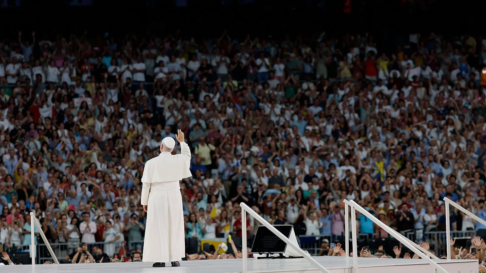 Pope Leo XIV in front of a crowd at the Santiago Bernabéu Stadium, Spain