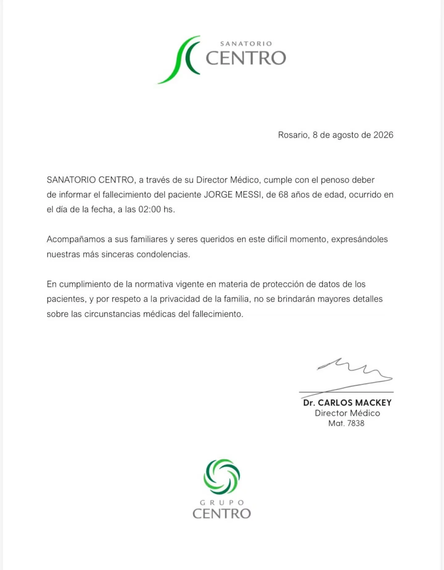 El comunicado de la institución médica