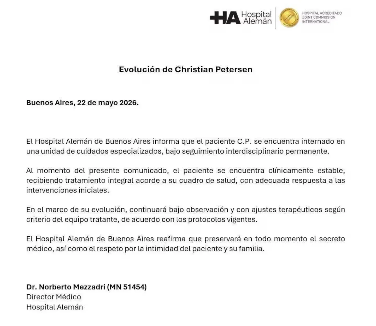 El primer parte médico que se dio a conocer
