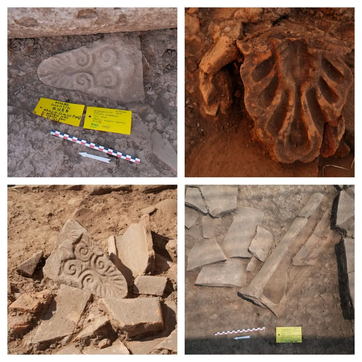 Tejas y antefijas, tejas de arcilla del borde del tejado, encontradas en Arsinoe