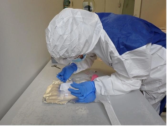 La primera autora, Zahra Haghighi, aparece en la fotografía preparando una muestra en un laboratorio limpio para su análisis paleoproteómico