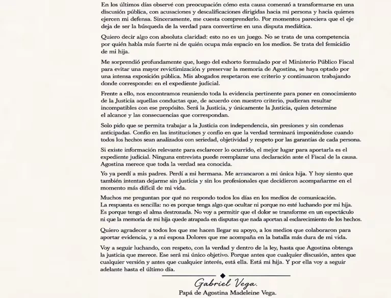 La segunda parte de la carta del padre de Agostina Vega