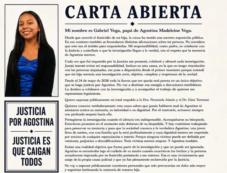 La carta del padre de Agostina Vega