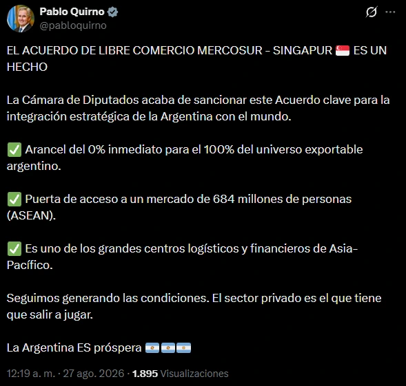 El post del Canciller argentino Pablo Quirno celebrando el acompañamiento al acuerdo.