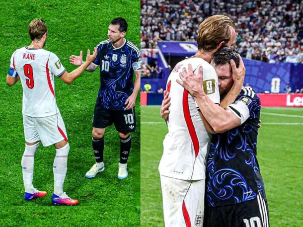 Momento en el que Harry Kane se acerca a Lionel Messi