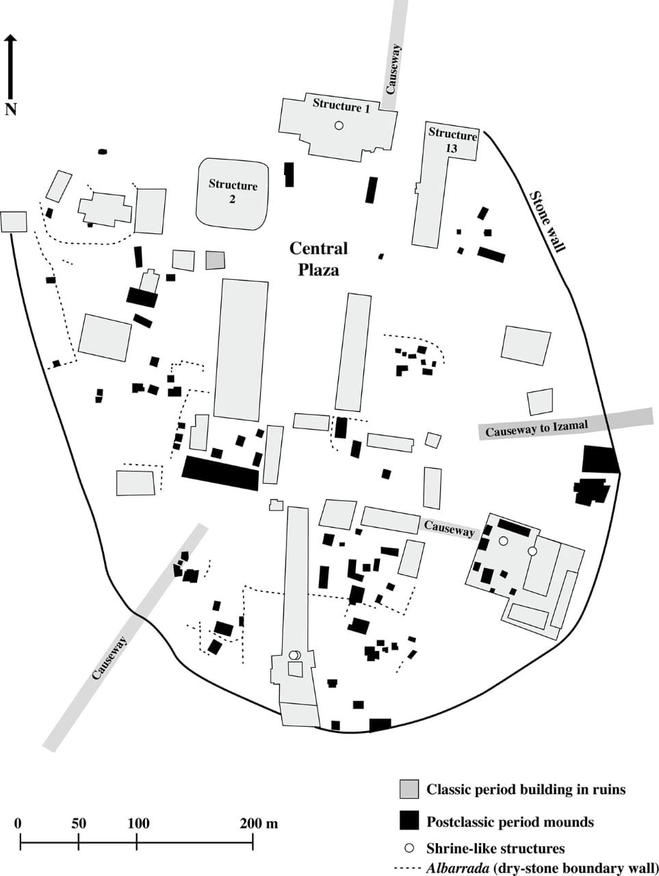 Mapa de la ciudad ancestral maya de Aké, que muestra el asentamiento del Posclásico. Crédito: Rosado-Ramírez, R., Antigüedades Latinoamericanas (2026).