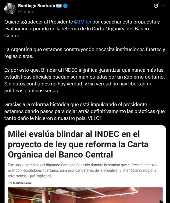 El post de Santiago Santurio en X.